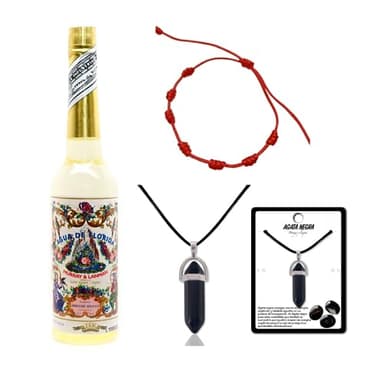 Familycom Florida Agua de Perú Original Pack con Piedra Agata Negra y Pulsera Roja 7 Nudos.Murray Y LanMan. Amarilla.