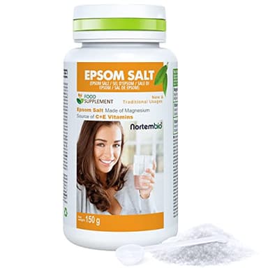 Nortembio Sal de Epsom Alimentaria 150 g. Sulfato de Magnesio para Tomar. Fuente de Vitaminas C y E. Sal de Higuera para Limpieza de Hígado. Cacito Dosificador Incluido.