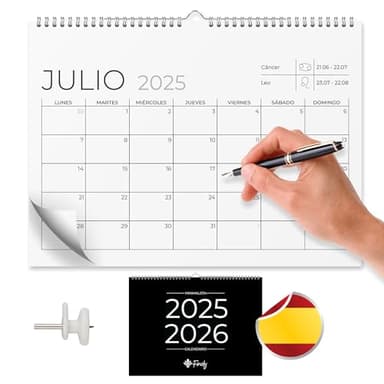 Finoly Calendario Pared Enero 25 Junio 26 (18 Meses) | Calendario Mensual 2025 2026 | Calendario Familiar para Colgar en la Pared | Planificador Mensual | Almanaque con Cuelga Fácil