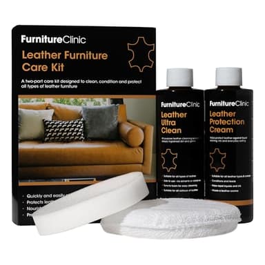 Kit de cuidado para muebles de cuero Furniture Clinic – Kit de limpieza de la calidad para sofás y muebles de cuero – 250 ml de limpiador de cuero y acondicionador de cuero – Todo tipo de cueros