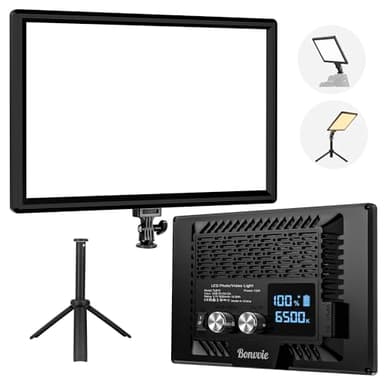 Bonvvie Luz LED Video, 3000-6500K Luz de Foto para Estudio y Fotografía al Aire Libre, Vlog, Videoconferencia, Transmisión en Vivo, CRI 97+ Bicolor Luz de Cámara con Batería Recargable Li-Ion 5000mAh