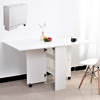 BAKAJI Mesa de Comedor, Escritorio Multiusos, Plegable, Extensible con librería, 2 Compartimentos y estantes retráctiles y Ruedas de Madera MDF, diseño Moderno, 140 x 80 x 74 cm (Blanco)