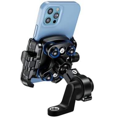 MOGGAM Soporte movil moto y scooter antivibración con cuerpo y anilla de aluminio para montaje en manillar y espejo retrovisor - Soporte telefono moto con regulacion 360º compatible con movil 5,4-7,2"
