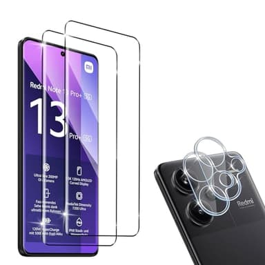 HidWee Cristal Templado Compatible con Xiaomi Redmi Note 13 Pro Plus 5G/Note 13 Pro+ 5G, 2 Protector de Pantalla[3D Cobertura Completa], 2 Protector de Lente Cámara, 9H Anti-Arañazos Vidrio Templado
