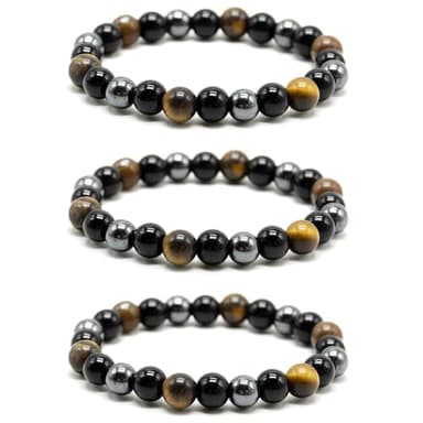Pulsera de triple protección, 3 unidades, 8 mm, ojo de tigre, cuentas de hematita y obsidiana negra, pulsera de equilibrio de piedras preciosas para protección, trae suerte y prosperidad, unisex, 16