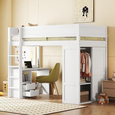 Moimhear Cama alta de 90 x 200 cm, versátil para niños, equipada con armario, escritorio y cajones (blanco)