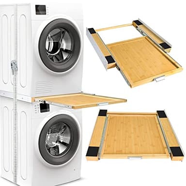 Kiss Core Marco de conexión para lavadora/secadora con bandeja y placa de bambú, marco intermedio para lavadora secadora con cuerda de trinquete, 47-60 cm