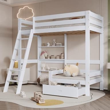 Litera Infantil 90 x 200 Con Escalera, Cama Cabaña Con Almacenamiento, Alta de 2 Plazas, Barrera, Somier, Armarios, Cajones y Sofá