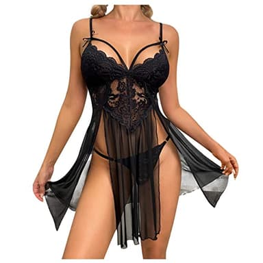 ROSVAJFY Lencería Sexy Encaje Mujer Babydoll Tirantes Escote V Vestido Mini Malla Transparente Abertura Lateral Camisón Camisero sin Mangas Ropa Dormir Lazo y Tanga (Negro, Talla única)