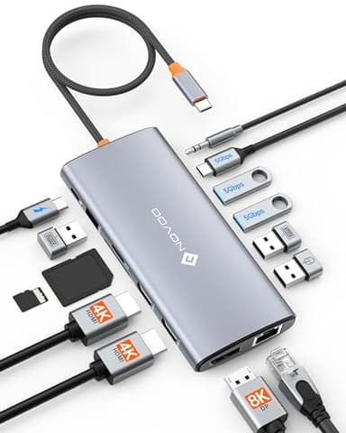 NOVOO Docking Station USB C con Triple Pantalla, 14 en 1 de USB C a Doble HDMI 4K 60Hz Adaptador con DP 8K a 30Hz, 6 Puerto USB C/A, PD de 100W, RJ45, SD/TF, 3.5mm Audio para MacBook/DELL/HP/Lenovo