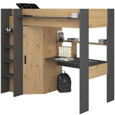 Miroytengo Cama Alta High con Armario y Escritorio en Color Roble Artisan y Gris Oscuro 90x200 cm