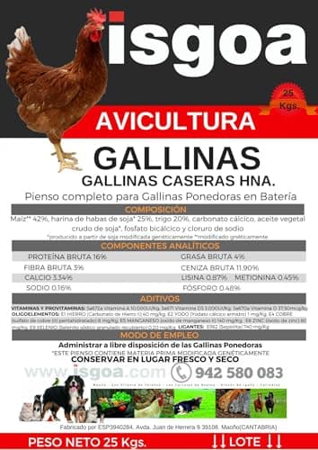 Pienso para gallinas 25 Kilos iSGOA. Receta Tradicional gallinas caseras..
