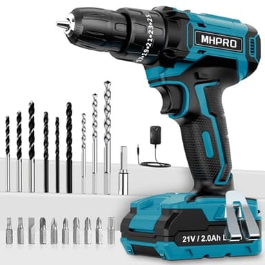 MHPRO Taladro Percutor a Bateria 21V, Taladro Atornillador Bateria, 42N.m Atornillador Electrico con Batería 2.0Ah, 25+3 Ajuste de Par, 24 Accesorios, 2 Velocidad, LED Luz Para Hogar, Bricolaje