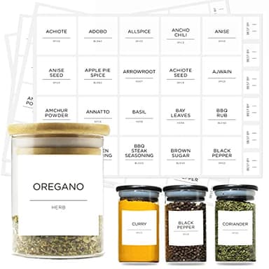 Prefdo 184 etiquetas de tarro de especias, preimpresa minimalista preimpresa etiqueta blanca texto negro, etiquetas impermeables para organización de especias de despensa (blanco)