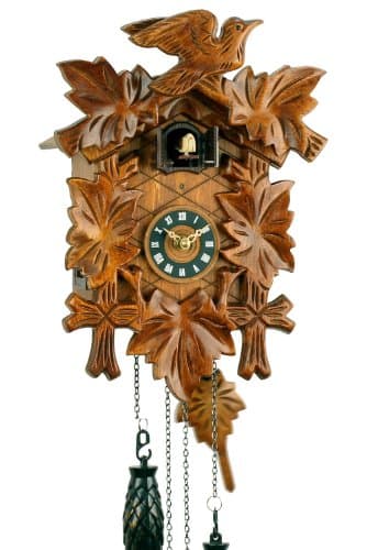 Eble - Reloj de cuco de madera con mecanismo de cuarzo que funciona con pilas y con sonido de cuco y mecanismo musical de Eble, diseño de hojas 30 cm