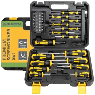 BLOSTM Juego Destornilladores Profesionales con Puntas Magnéticas - 42pcs Empuñadura Cómoda, Cabezas Planas de Destornillador Phillips y Estuche de Almacenamiento