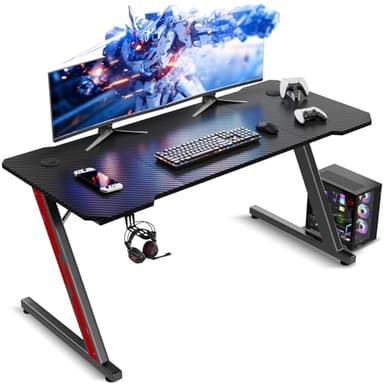TRIUMPHKEY Mesa Gaming 120 x 60 cm, Escritorio Gaming en Forma de Z Ergonómica, Mesa Gamer de Fibra de Carbono, Mesa para Ordenador con Gancho para Auriculares, Negro