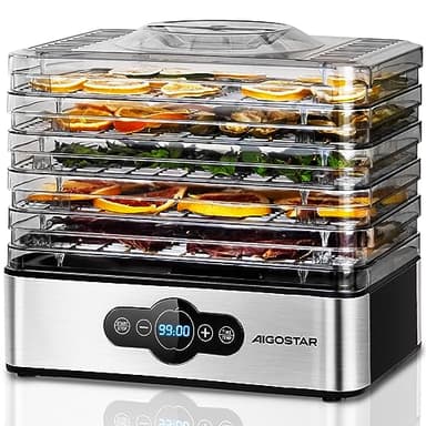 Deshidratador de Alimentos 240W Aigostar Crispy, Deshidratador con 5 Bandejas Altura Regulable, Pantalla LED, Temporizador 99H y Temperatura Ajustable, Deshidratadora de Frutas y Verduras, Sin BPA