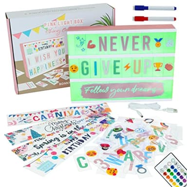 Caja de Luz A4 Oro Rosa 16 Colores con 400 Letras y Emojis, 10 Tarjetas Premium, Mando 2 Rotuladores - BONNYCO | Ñ y Ç | Cartel Luminoso LED Regalos Originales para Mujer Regalos para Niñas Navidad