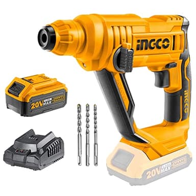 Martillo Perforador Inalámbrica INGCO 20V 4.0 Ah Batería Professional con 3 brocas SDS-Plus, 1.5J Φ13 máxi en hormigón, 2 en 1 rotación, luz LED