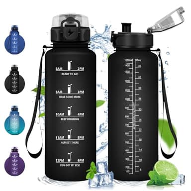 Vikastar Botella Agua, 1500ML Prueba de Fugas, Botella Agua Gimnasio, Marcador de Tiempo, Botella de Agua, Reutilizable, Cantimplora, Motivacional, Botella Gym, para Fitness, Camping, Negro