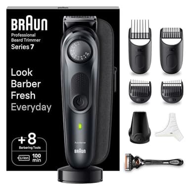 Braun Recortadora de Barba Series 7, Máquina Cortar Pelo, Cortapelos Hombre con ProBlade, 40 Ajustes de longitud, Base de Carga, Funda de viaje y 100 Min Autonomía, Series 7 BT7441, Negro