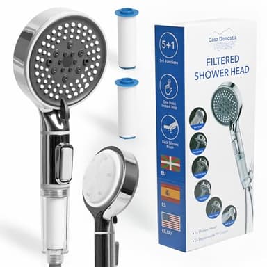 CASA DONOSTIA Alcachofa de Ducha con Filtro PREMIUM | 6 Modos de Chorro | Alta Presión | Incluye +2 Filtro Ducha Antical | Cepillo Masaje Silicona | Shower Filter | Chuveiro | Cabezal Ducha | Grande
