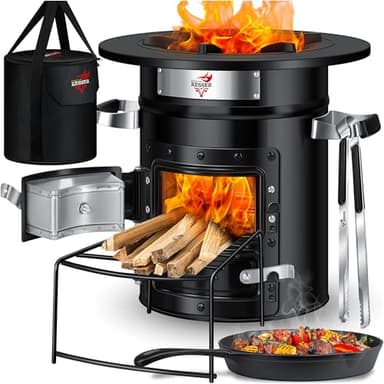 KESSER® Horno de cohetes con sartén de hierro fundido con bolsa de transporte, horno holandés para barbacoa, cohete de leña, camping, barbacoa, de acero inoxidable