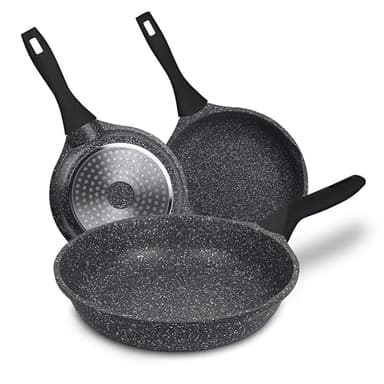 La Moustache - Juego de 3 Sartenes de 20/24/28 cm, Aluminio Fundido con Revestimiento Antiadherente para Todo Tipo de Cocinas, Incluso Inducción, Sin PFOA, Mangos Antiquemadura (Dark)