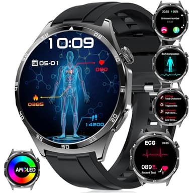 YYKY 2025 ECG Reloj Inteligente con HRV/Ácido Úrico/Lípidos/BMI, 1.43" AMOLED Smartwatch Always-On Display con 24/7 Presión Arterial, Temperatura Corporal, Sueño Pulsera Actividad para Android iOS