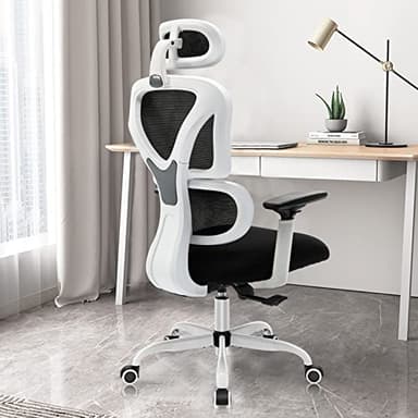 KERDOM Sillas Ergonomicas Oficina, Silla de Escritorio con Soporte Lumbar,Reposacabezas Ajustable, Reposabrazos, Silla 360° Giratoria para computadora,Blanco