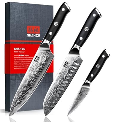 SHAN ZU 3 Piezas Juego de Cuchillo de Cocina Damasco, Set Cuchillo de Cocina Japones de Acero Damasco de 67 Capas, Cuchillo de Chef Cuchillo Santoku Cuchillo Pelador - PRO Series