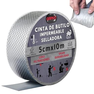 Cinta de Butilo Impermeable 10Mx5cm - Cinta con Extra Adhesión de Aluminio - Cinta para Reparación de Tuberías, Grietas, Goteras - Cinta Selladora para Diversas Superficies Gran Durabilidad - Gripko