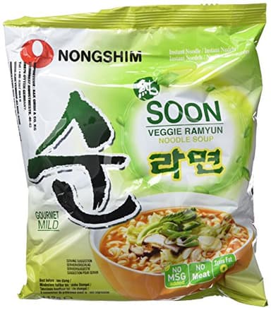 Nong Shim Fideos instantáneos Soon Veggie Ramyun, sopa de fideos ramen con verduras coreana, suave, rápida preparación, 20 x 112 g, paquete económico