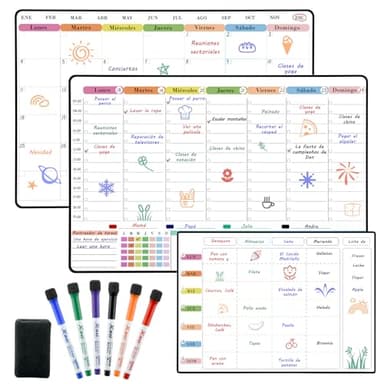 POPRUN Pizarra Calendario Magnetico Nevera, Magnetica Planificador Mensual+Organizador Semanal+Planificación de Menú, Pizarra Calendario Refrigerador Iman Borrables en Seco, 3 Piezas - en Español