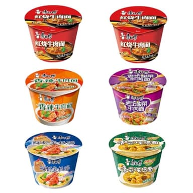 YIJIA | Pack 6 | Variedad de saboresInstant Cup Noodle Tallarines - Ramen Fideos Instantáneos - Sabor 1x Mariscos, 2x Ternera, 1x Pollo Y Seta Shitake, 1x Ternera Picante, 1x Chucrut Chino