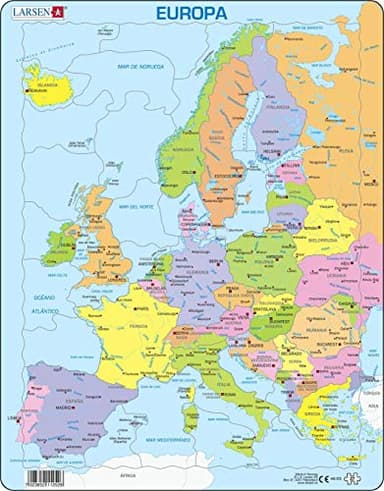 Larsen A8 Mapa político de Europa para los niños más pequeños, edición en Español, Puzzle de Marco con 37 Piezas