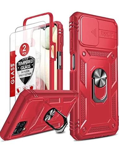 LeYi Funda para Samsung Galaxy A12 / M12 / A12 Nacho con [2-Unidades] Cristal Vidrio Templado,Armor Carcasa Cubierta de cámara Deslizante Proteger 360 Anillo Soporte PC y Silicona Case,Rojo Brillante