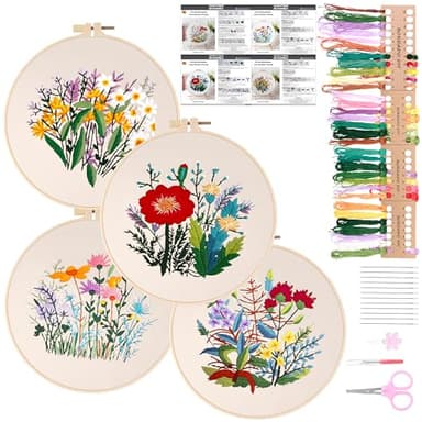 Winter Shore Kit Bordado con Motivos Florales Preimpresos - 4 Telas para Bordar, 2 Bastidores de 20 cm, Hilo, 12 Agujas, Cortahilos, Tijeras y Enhebrador - Kit Bordado Principiantes, Adultos y Niños