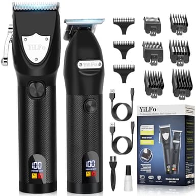 YiLFo Maquina Cortar Pelo Profesional, Cortapelos Hombre Precisi con LED, Maquina de Afeitar Hombre USB Recargable, 2 Piezas Maquinilla Pelo Barba Kit, Multi Accesorios Cortadora de Pelo Regalo Hombre