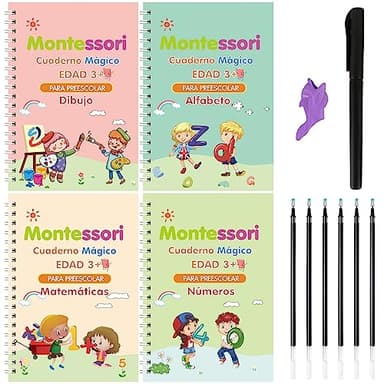 Larcenciel Cuadernos Reutilizables Caligrafia Español, 4 Libros + 1 Bolígrafo + 5 Recambio, Magic Book para Aprender a Escribir Leer de Niños 3 4 5 Años (13×19cm)