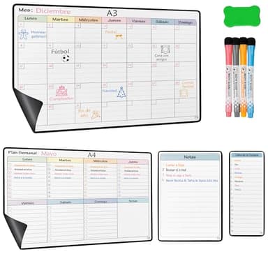 YSANCOR® Pack Calendario Magnético Nevera que incluye Planificador Mensual A3 + Organizador Semanal A4 + Notas A5 + Lista Compra 8x20Cm | 4 Rotuladores + 1 Borrador de Regalo! (PACK_PLANNER_TOTAL)
