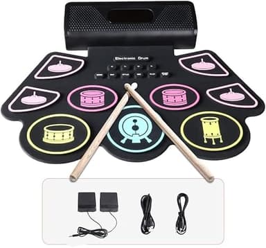 Coolmusic Tambor Electrónico Portátil E-Drum, Kit de Batería Midi Enrollable 2000mAh Recargable 9 pads 2 pedales con altavoces duales incorporados