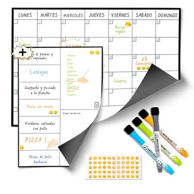 SB® Pack Calendario Magnetico Nevera Mensual A3 + Planificador Semanal A4 para Nevera + 4 Rotuladores Premium + 55 Stikers| Pizarras Magneticas Nevera, el Mejor Planificador Mensual (A3+A4)