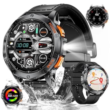 Reloj Inteligente Hombre Militar con GPS, LED Linterna, Llamadas Bluetooth, 10ATM Impermeable, 600mAh Gran Batería Smartwatch Hombre con Altitude/Brújula Compatible iOS Android
