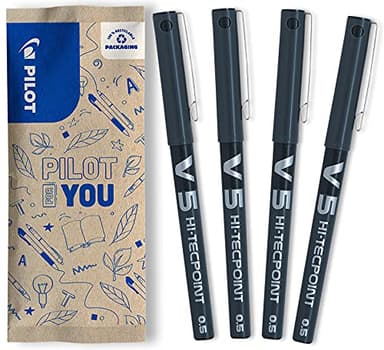 PILOT - Caja de 4 V5 - Bolígrafos roller con tinta líquida - Punta de aguja Fina para Escritura Suave y Precisa - Secado rápido, antimanchas - Negro - Punta Fina (0,5mm)