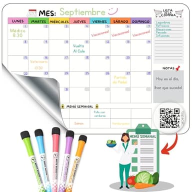 Calendario Magnético Nevera A3 + 5 Rotuladores + Menús Semanales. Planificador Mensual, Lista De La Compra, Organizador Comida Semanal Frigorífico, Calendario Cocina, Tablero Borrable Mensual. 2025