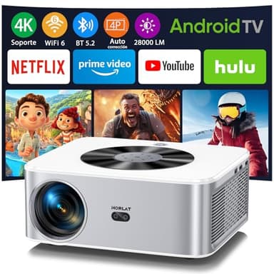 Proyector【Android TV】 Horlat 4K Soporte Porjector 6G WiFi Bluetooth,28000 Lúmenes 300'' Display Proyector, con una Aplicación Incorporada Netflix/Youtube/Prime Video