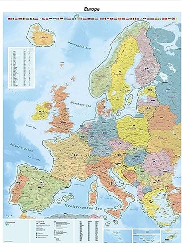 GeoMetro Mapa grande de Europa con plastificación (se puede escribir y borrar), resistente al desgarro, 90x123cm, nueva edición