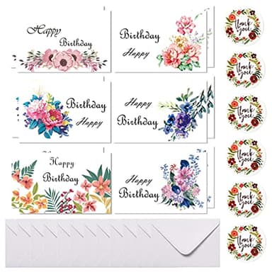 RuiChy Set de 12 Tarjetas de Cumpleaños con 6 Diseños Florales, Multipack Feliz Cumpleaños Tarjetas de Felicitacion con Sobres y Pegatinas, Interior en Blanco Paquete de Tarjetas de Bendición